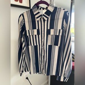 Women Navy and White Striped Button Down Shirt